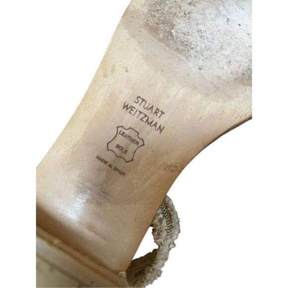 Stuart Weitzman Gold Beaded Beige Tweed Nudistchains Sandals Ankle/Toe Strap 9 M - Picture 9 of 11